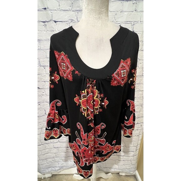 INC International Concepts Shift Dress Black Red Yellow 3/4 Belle Sleeves Large - Picture 2 of 8